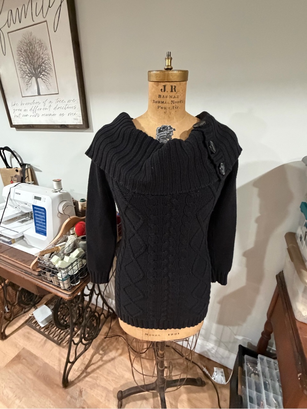 Guess Women's Black Cable-Knit Turtleneck Sweater with Button Detail